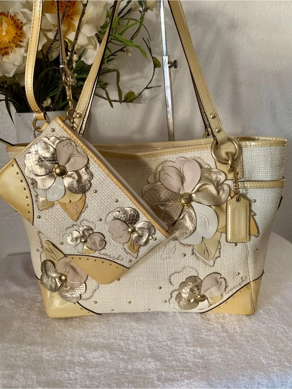 Coach Limited Edition Hampton Cream Tote with Gold Floral Appliqués
